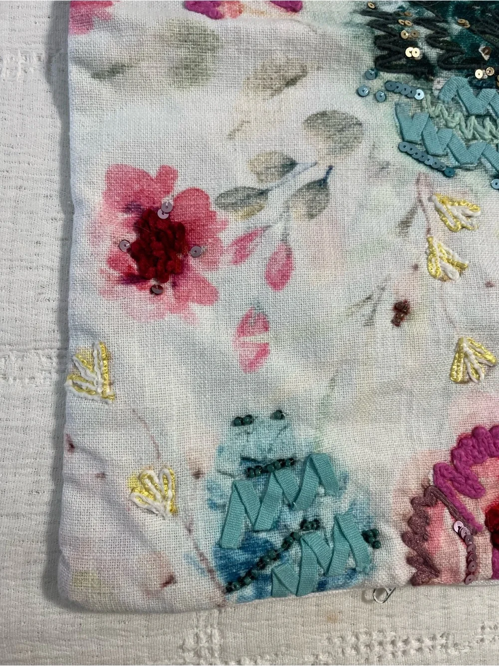 Elie Tahari Floral Appliqué Accent Pillow Cover in Teal, Pink & Cream